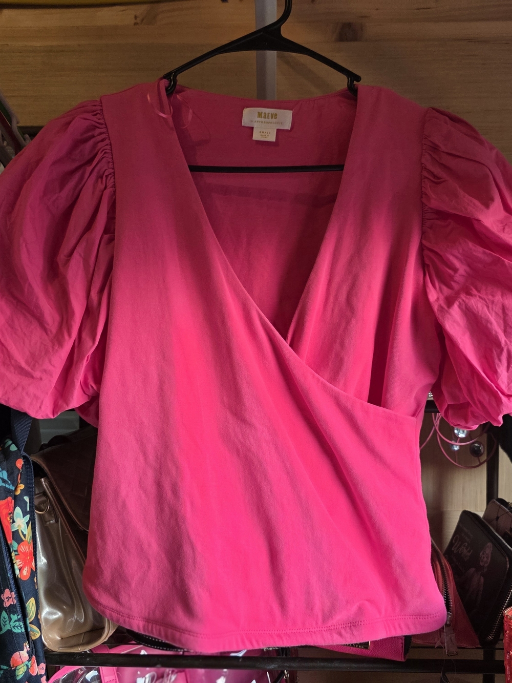 Anthropologie Hot Pink Puff-Sleeve Wrap Top